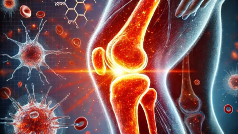 A glowing red and orange inflamed joint with immune cells and blood vessels responding to inflammation.