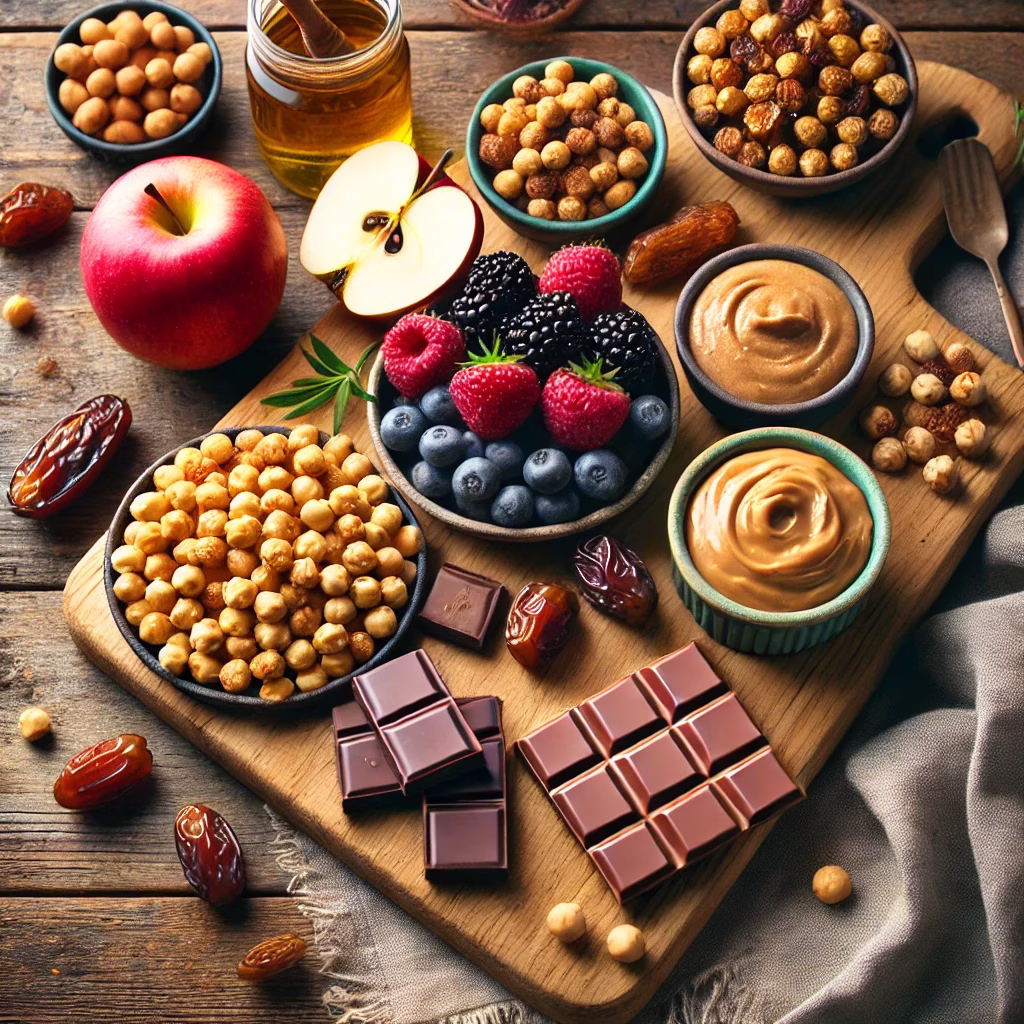 Healthy Plant-Based Snack Alternatives Roasted chickpeas, medjool dates, dark chocolate, nut butter, and fruit on a wooden surface.