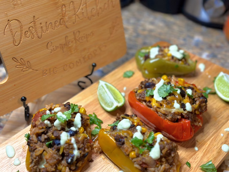 A beautifully plated serving of Stuffed Bell Pepper Boats filled with a flavorful mixture of rice, black beans, corn, and tomatoes, topped with melted cheese and drizzled with creamy avocado sauce. The dish is garnished with fresh cilantro and lime wedges, presented on a wooden board with a branded Destined Kitchen sign in the background.