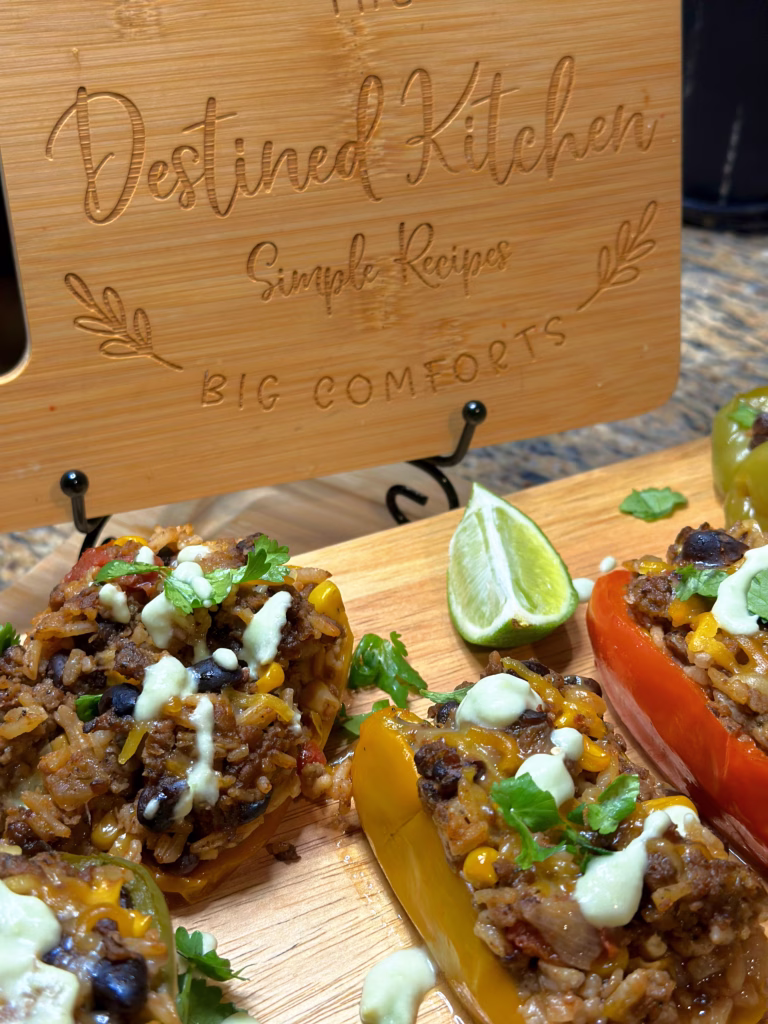 A beautifully plated serving of Stuffed Bell Pepper Boats with a Destined Kitchen wooden sign in the background. The dish is topped with avocado crema and garnished with fresh cilantro and lime wedges.