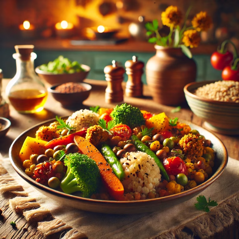 A vibrant plant-based meal with brown rice, chickpeas, broccoli, carrots, green beans, and falafel-style bites, served on a rustic table surrounded by spices and natural light. You can go plant-based without giving up flavor