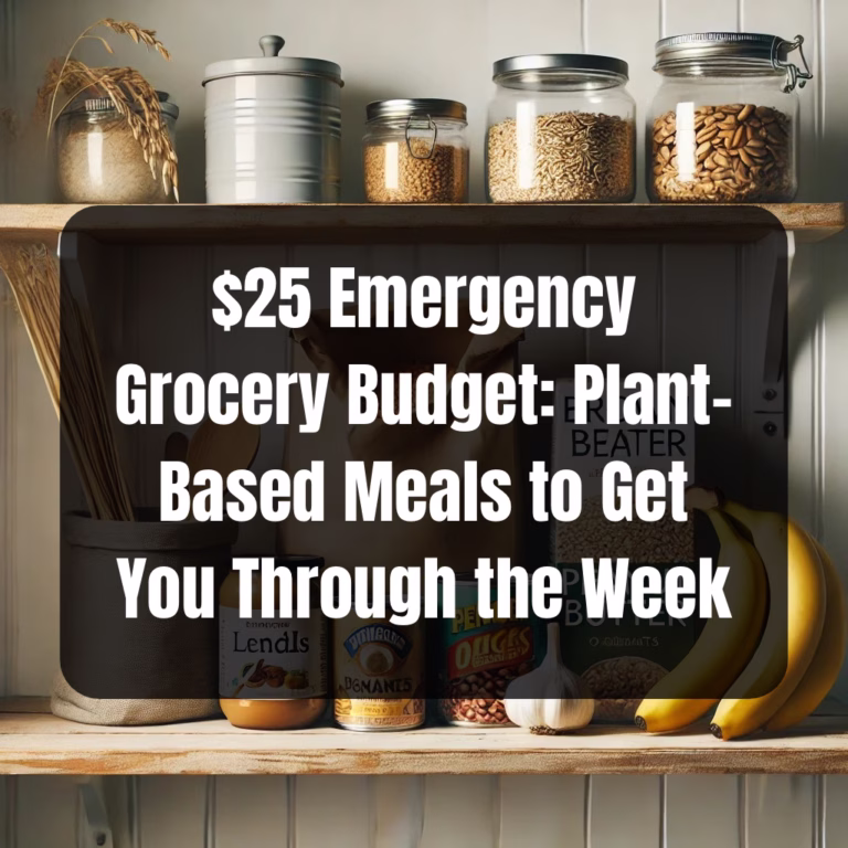 Minimal pantry shelf with plant-based staples like rice, lentils, canned beans, oats, and bananas, promoting a $25 emergency grocery budget meal plan.