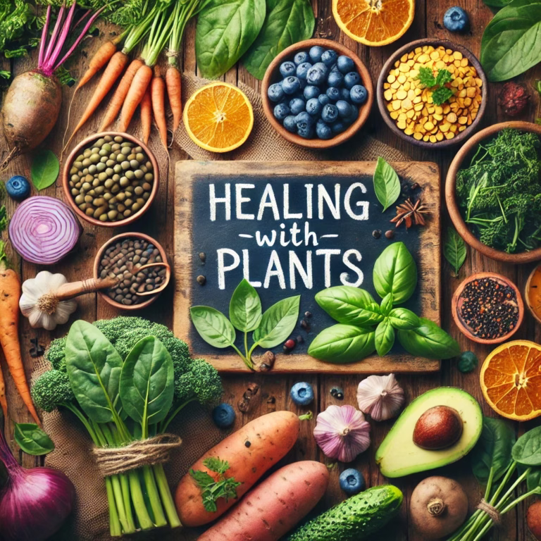Colorful flat lay of spinach, kale, sweet potatoes, avocados, lentils, blueberries, and garlic arranged on a rustic wooden table, showcasing plant-based diet benefits for health