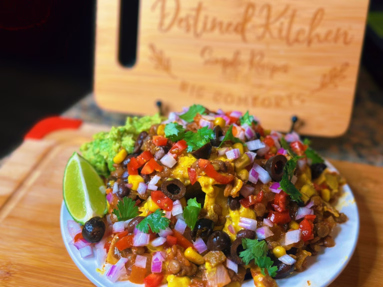 Close-up of loaded veggie lentil nachos topped with olives, onions, corn, and cilantro, served with guacamole and lime.