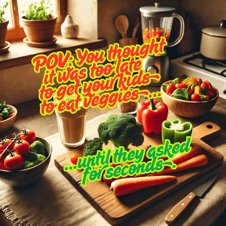 Help kids eat more vegetables. Colorful kitchen countertop with broccoli, carrots, bell peppers, and cherry tomatoes surrounding a smoothie glass and bowl of veggies, with text overlay reading: “POV: You thought it was too late to get your kids to eat veggies… until they asked for seconds.”